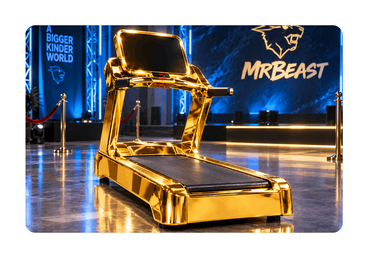 The gold MrBeast treadmill with Kizik branding, on the set of the video